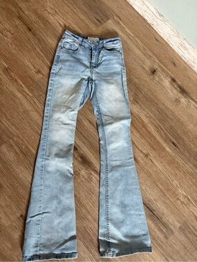 Light Blue Women's Flare Jeans - Casual Mid-Rise Wide Leg
